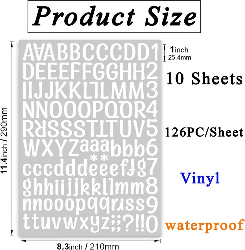Debinolo 1260 pcs 10 Sheets Self Adhesive Vinyl Letters Numbers Kit, White Mailbox Numbers Sticker for Mailbox, Signs, Window, Door, Cars, Trucks, Home, Business, Address Number (1 Inch, 10 White) - Image 2